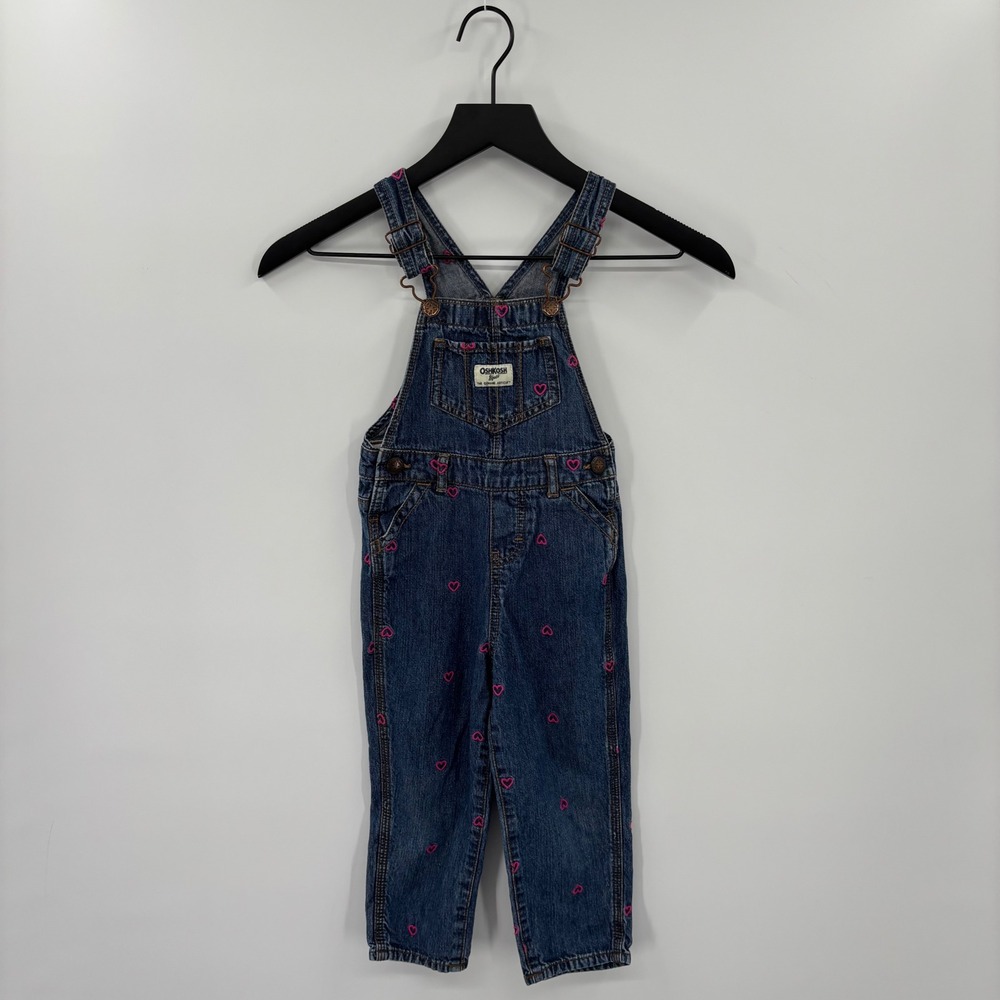 OshKosh B'gosh Heart Denim Overalls Kids 3T Blue Pink Embroidered Bib Dungarees